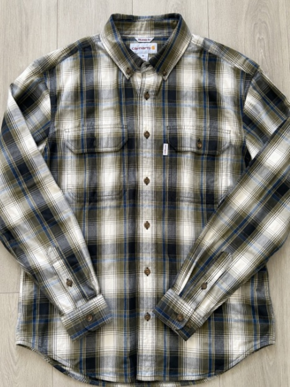 Carhartt Olive, Navy & Cream Plaid Long-Sleeve Button-Down Shirt